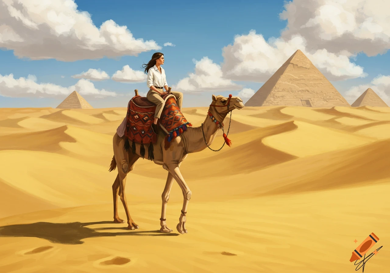 A woman in a white shirt and khakis rides a camel across a sandy desert with pyramids under a blue sky. Digital painting.