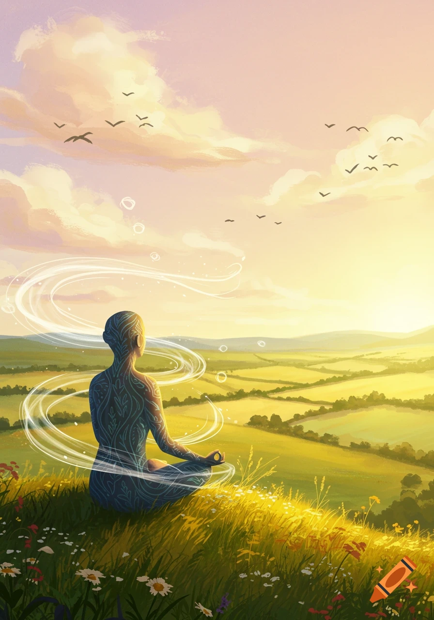 Illustrated person meditating in lotus pose on a grassy hill, overlooking fields at sunset with swirling light and birds.