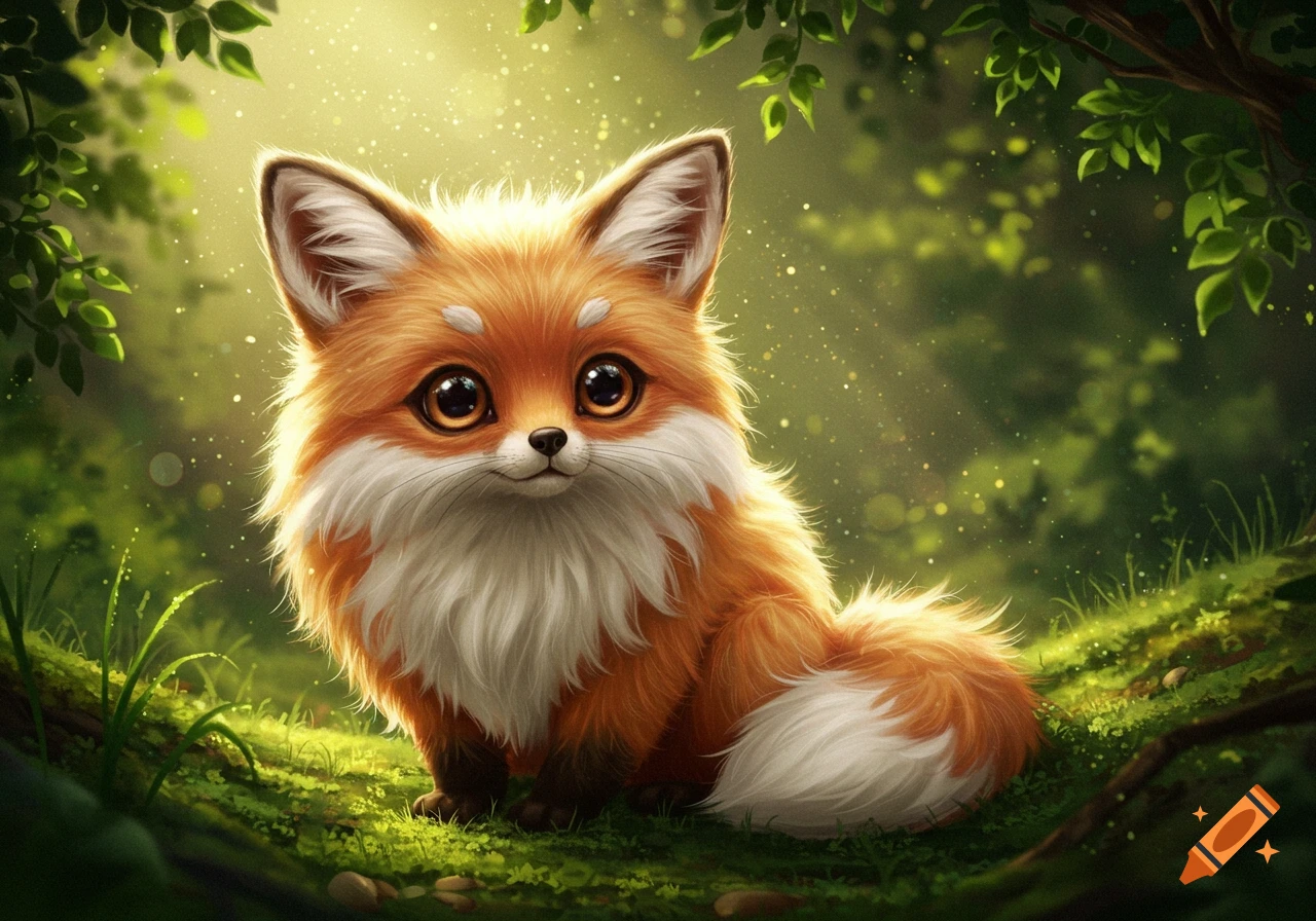 A fluffy, cartoon-style fox-like creature with large eyes sits in a sun-dappled green forest.