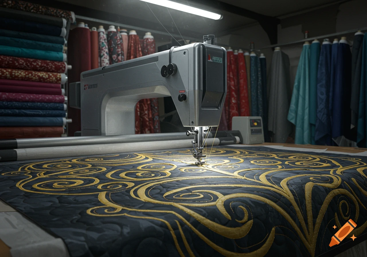 A quilting machine sewing a gold scroll pattern onto a dark blue quilt in a workshop, with rolls of fabric in the background. Photorealistic.