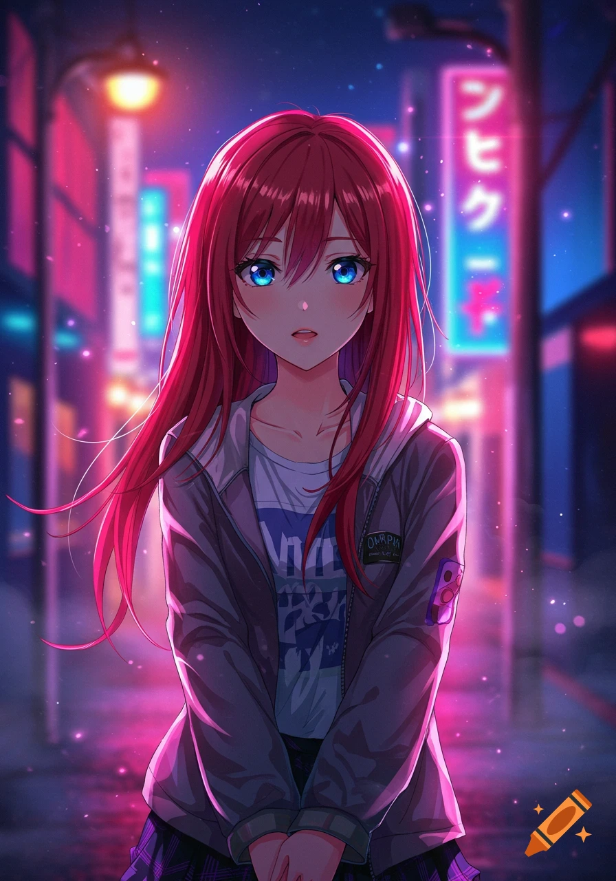 An anime girl with long red hair and blue eyes stands in a vibrant, neon-lit city street at night, wearing a hoodie and plaid skirt.