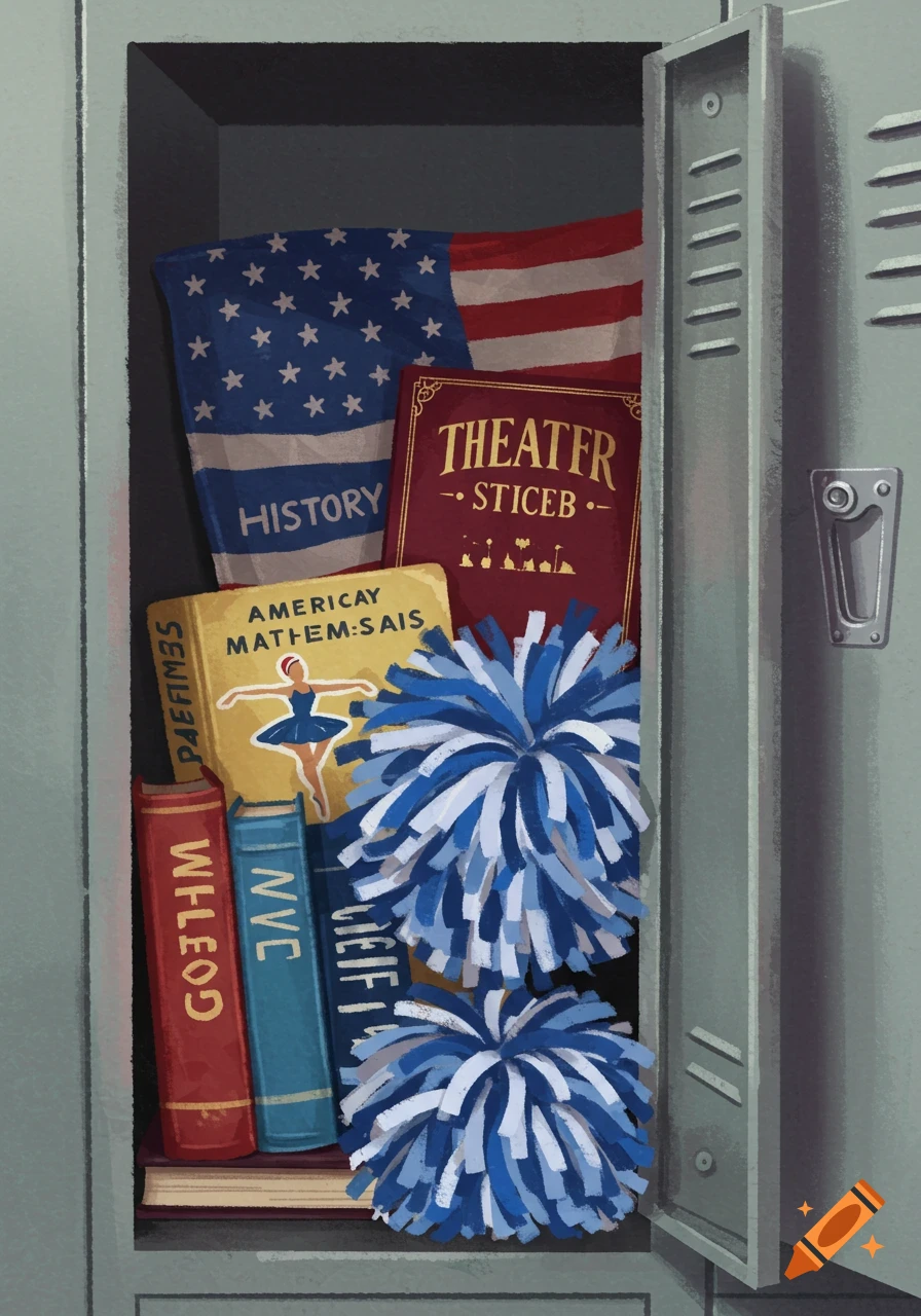An open school locker filled with an American flag, several books, a dancer sticker, and two blue and white pompoms.