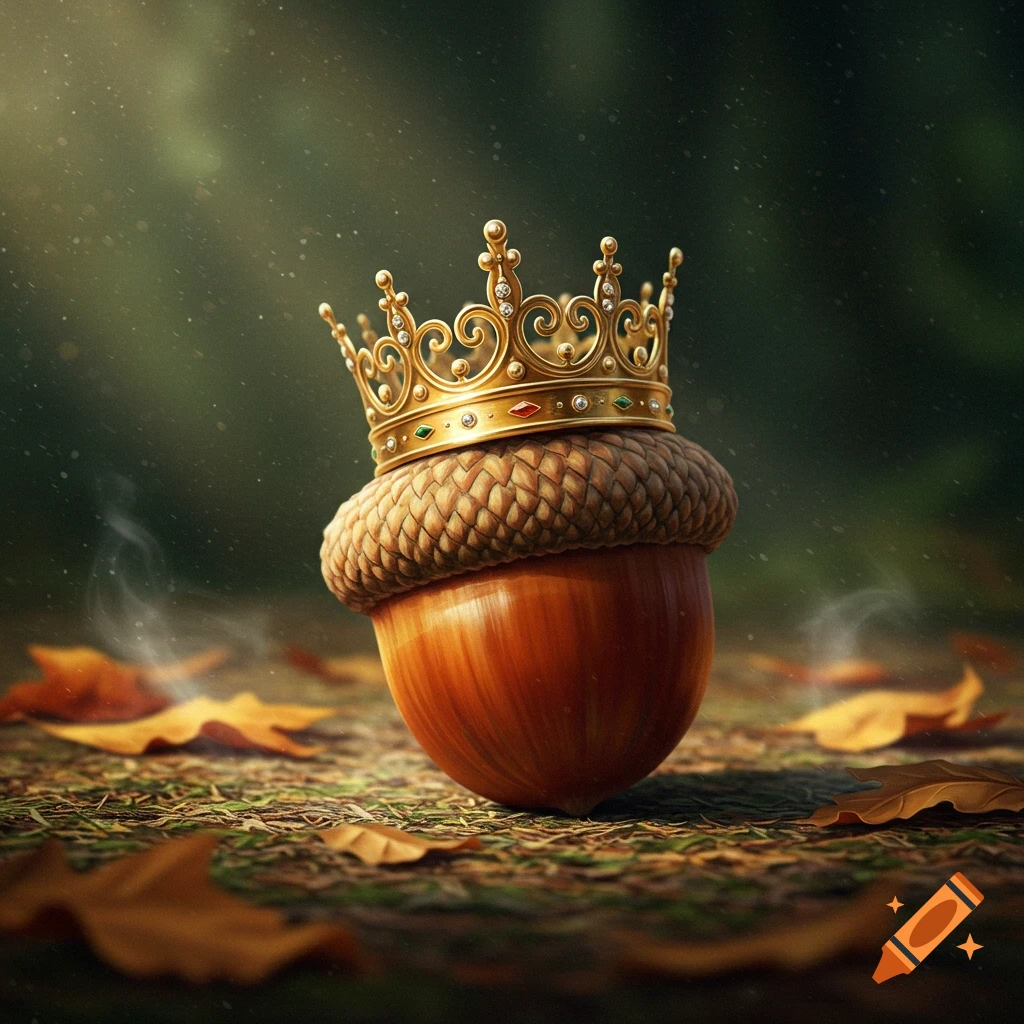A photorealistic image of a golden crown resting on a large acorn on a forest floor covered in fallen leaves.