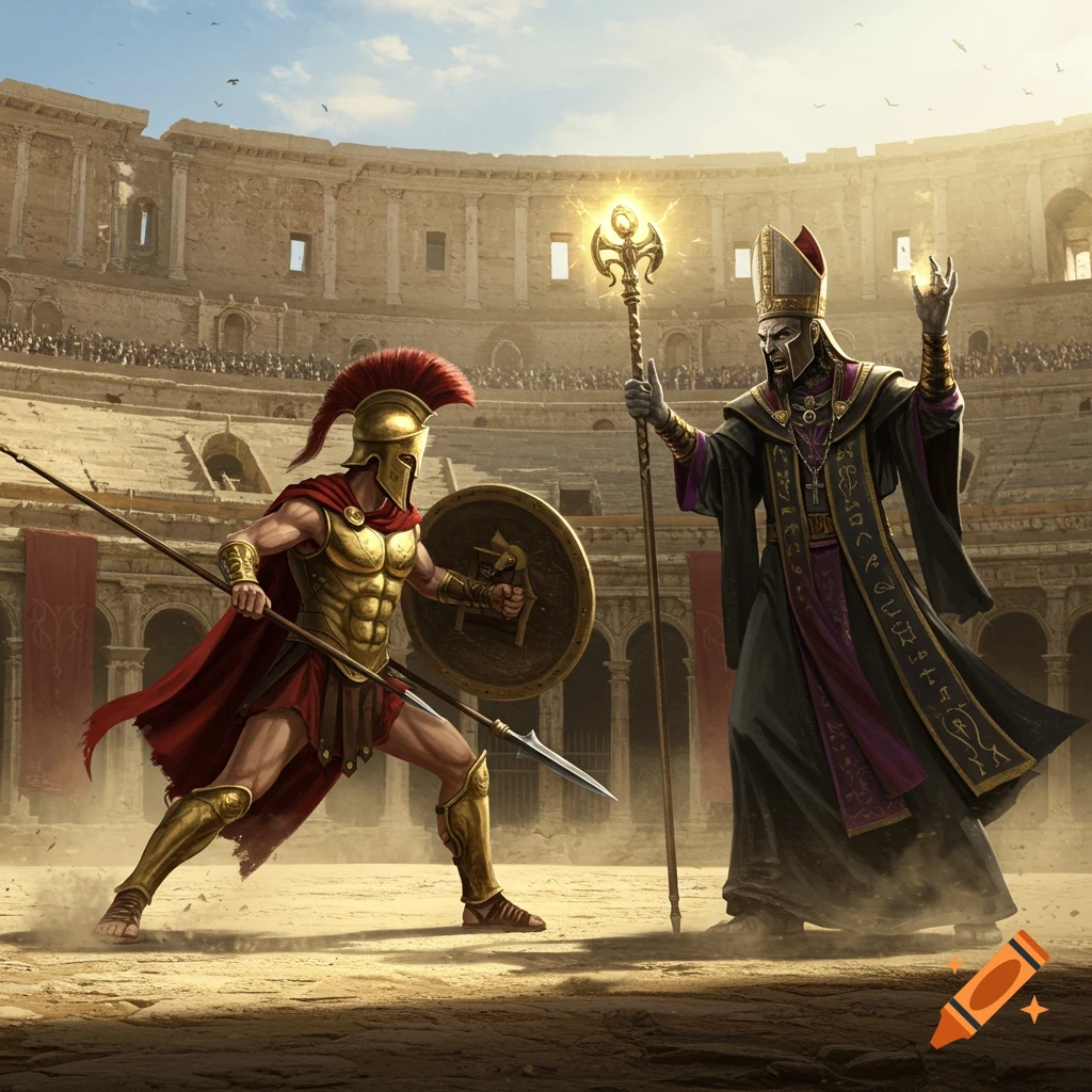 A Spartan warrior with a spear and shield confronts a mysterious bishop holding a glowing staff in a colosseum.