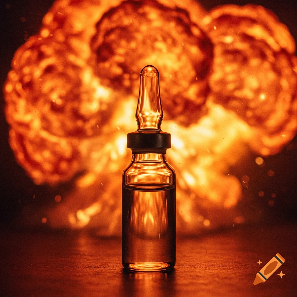 A clear glass pharmaceutical vial stands prominently in front of a bright orange explosion, with sparks flying.