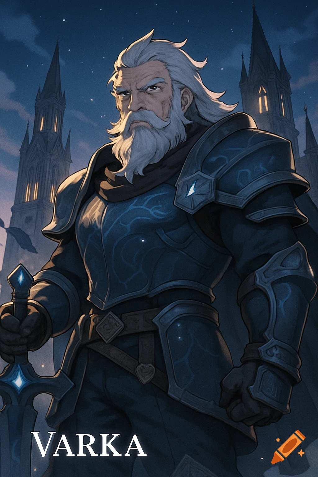 An older, muscular man with a white beard and long gray hair, wearing blue fantasy armor and holding a glowing sword, stands before a dark castle at night.