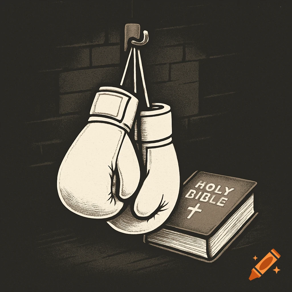 Vintage illustration of white boxing gloves hanging on a hook next to a Holy Bible on a dark brick wall.
