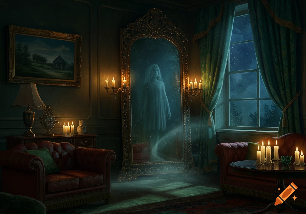 A ghostly figure stands in an ornate mirror in a dark, candlelit gothic room with rich furnishings and a large window looking out to a starry night.