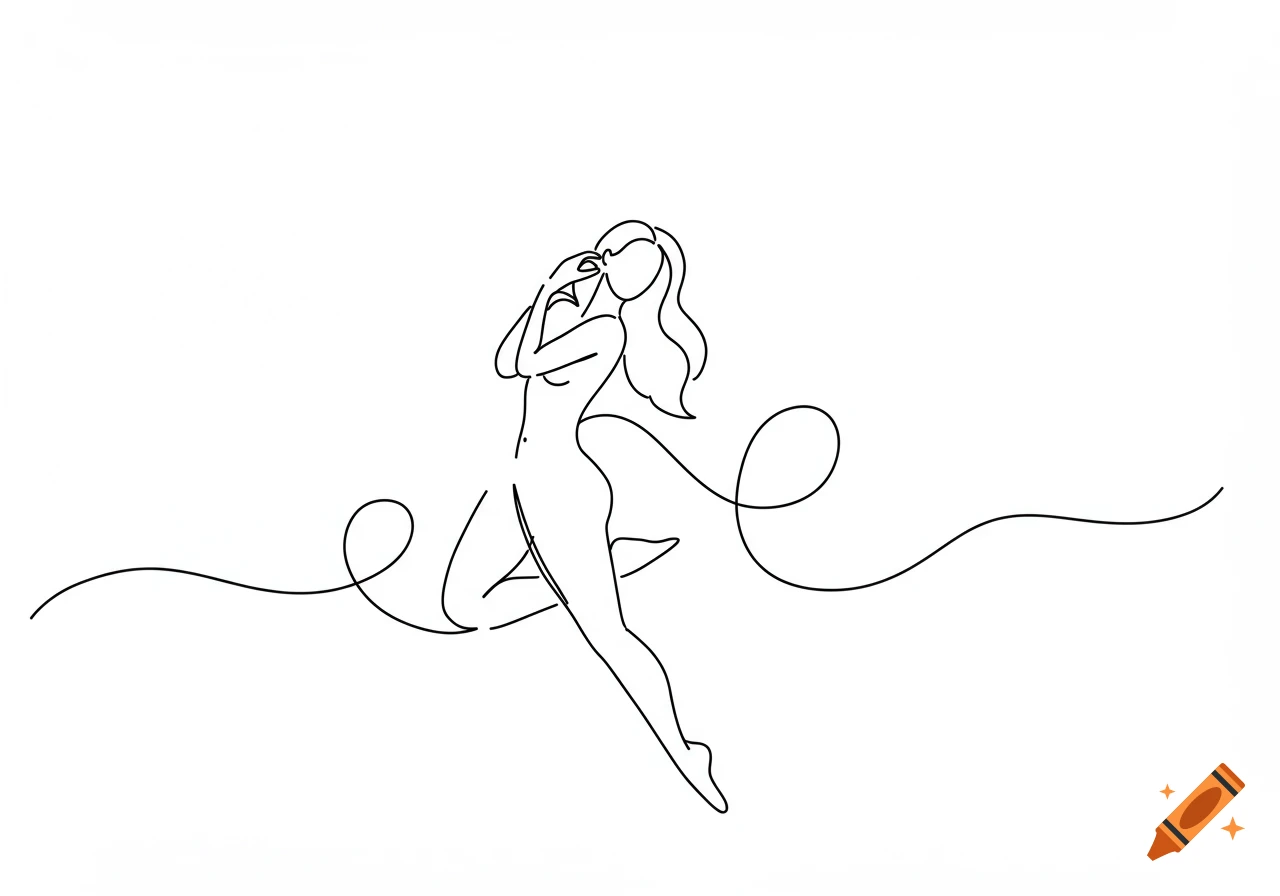 Minimalist black line art of a graceful woman with long hair, posing with ribbons shaped like lowercase cursive 'e's.
