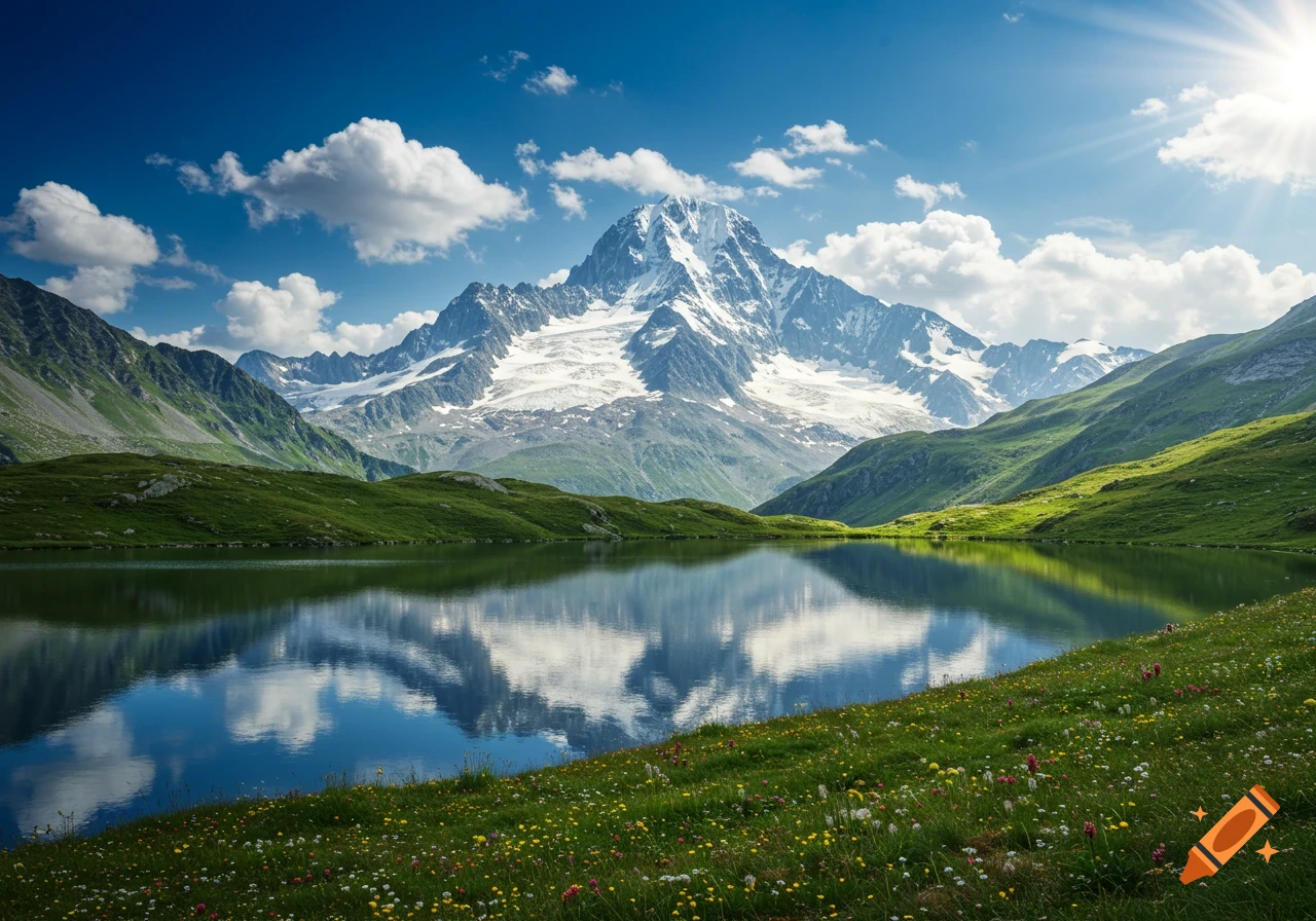 A picturesque snow-capped mountain reflects in a calm lake, surrounded by lush green hills with wildflowers under a clear blue sky.