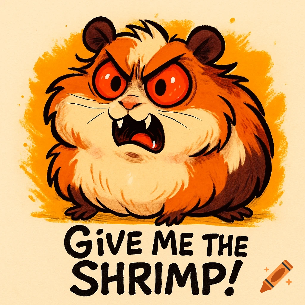 An angry cartoon guinea pig with red eyes and fangs demands "Give me the SHRIMP!" in a bold caption below.