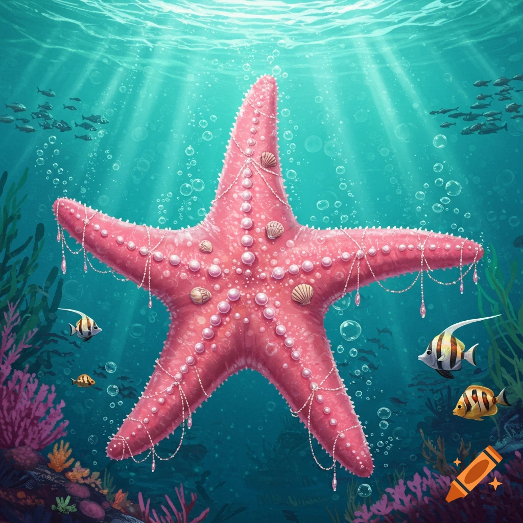 A pink starfish adorned with pearls and shells underwater, surrounded by colorful coral, seaweed, bubbles, and small fish. Fantasy art.