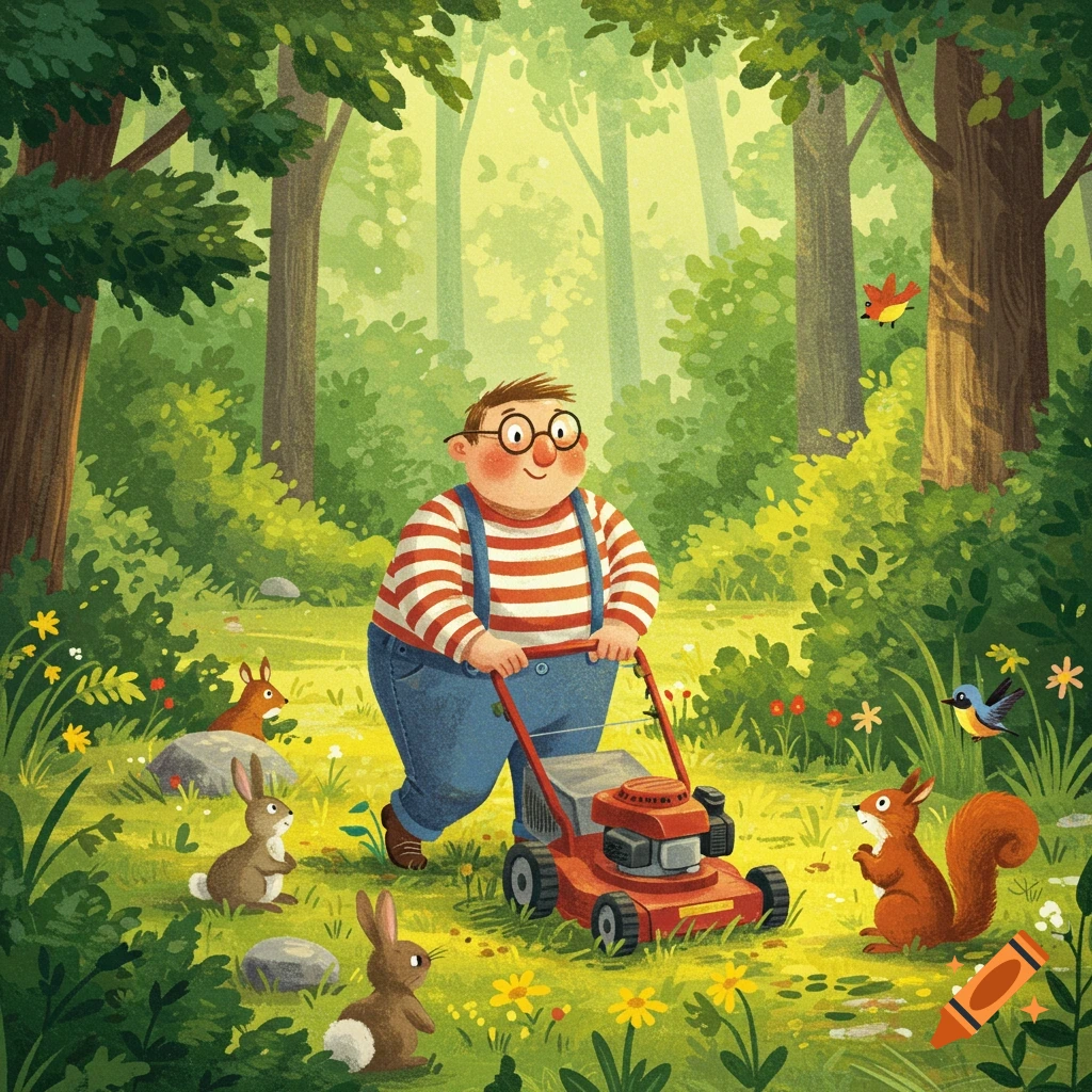 A whimsical children's book illustration of a man mowing grass in a forest, observed by rabbits, a squirrel, and birds.