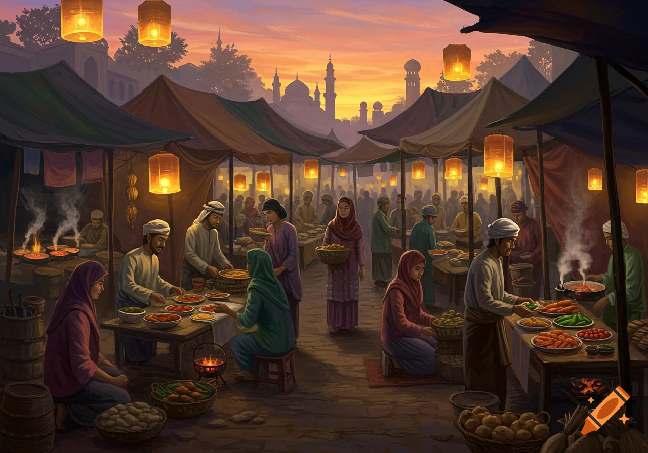 A bustling market scene at dusk with many people, food stalls, and glowing lanterns. Mosques are silhouetted against a colorful sky.