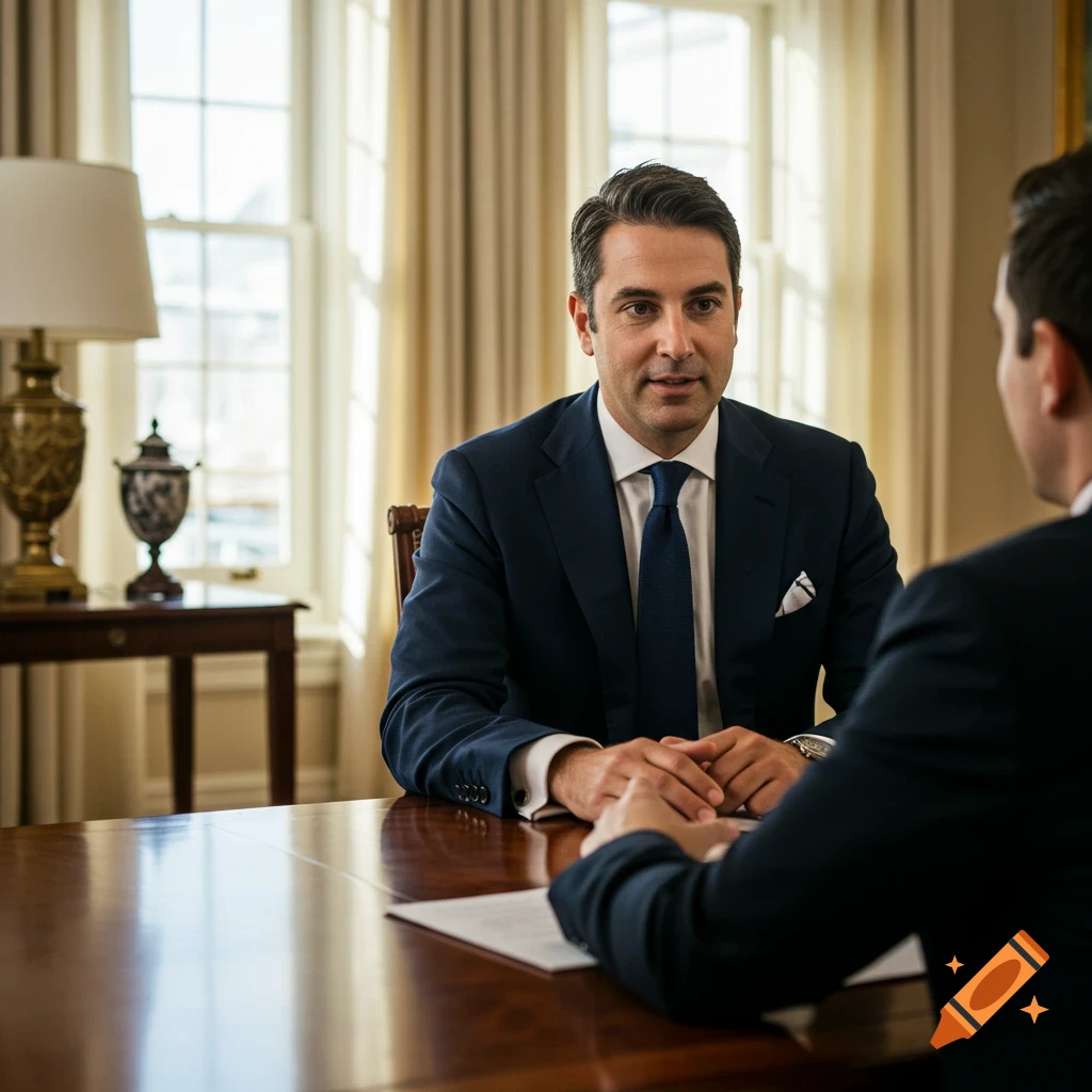 A man in a navy suit sits at a wooden table across from another person in a well-lit room.