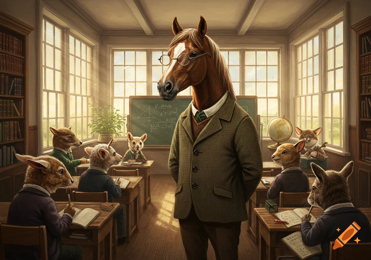 An anthropomorphic horse teacher in a tweed jacket stands in a classroom of anthropomorphic rodent students writing at desks, bathed in sunlight.