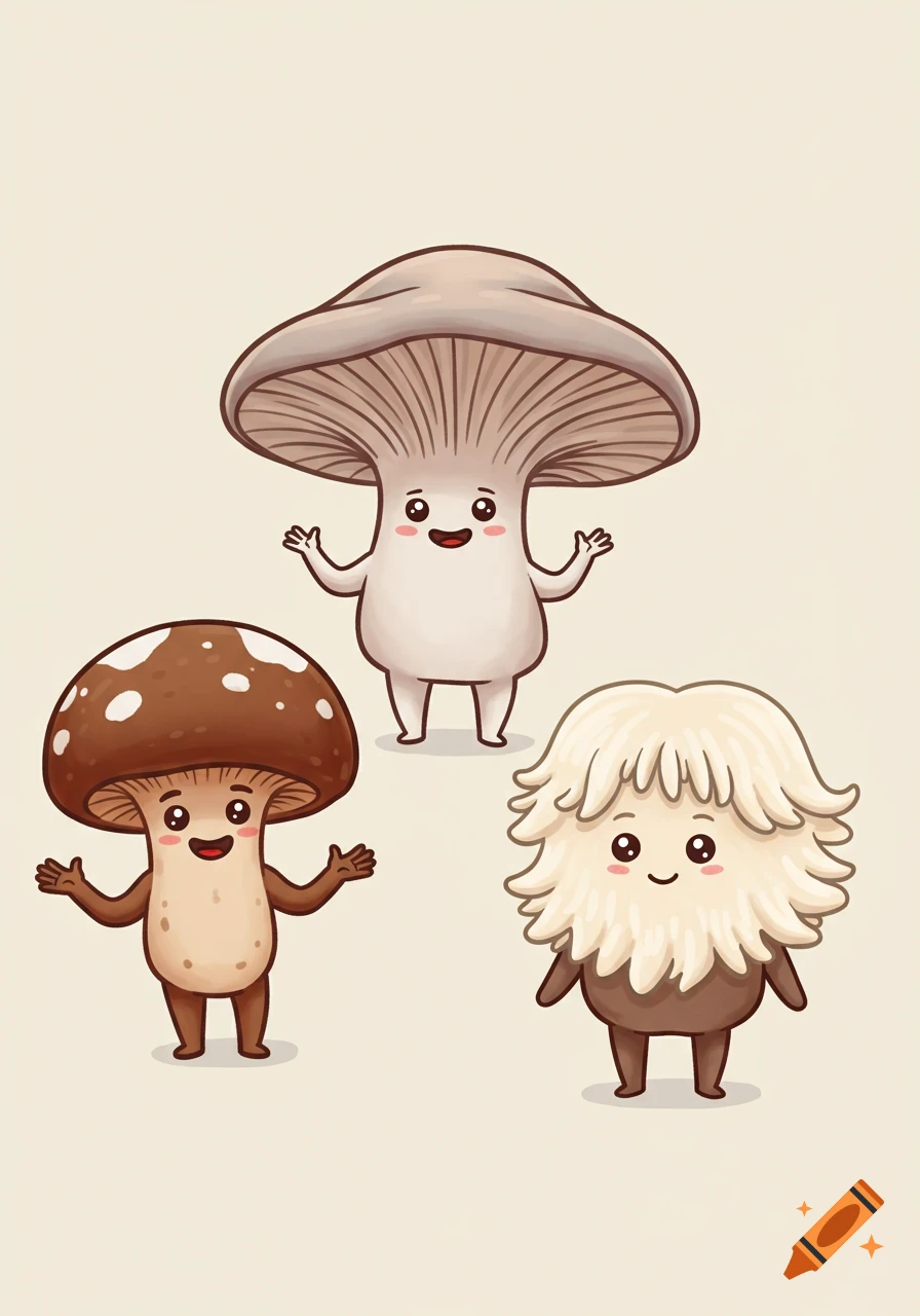 Three cute cartoon mushroom mascots, an oyster mushroom, a shiitake mushroom, and a lion's mane mushroom, all smiling and waving.