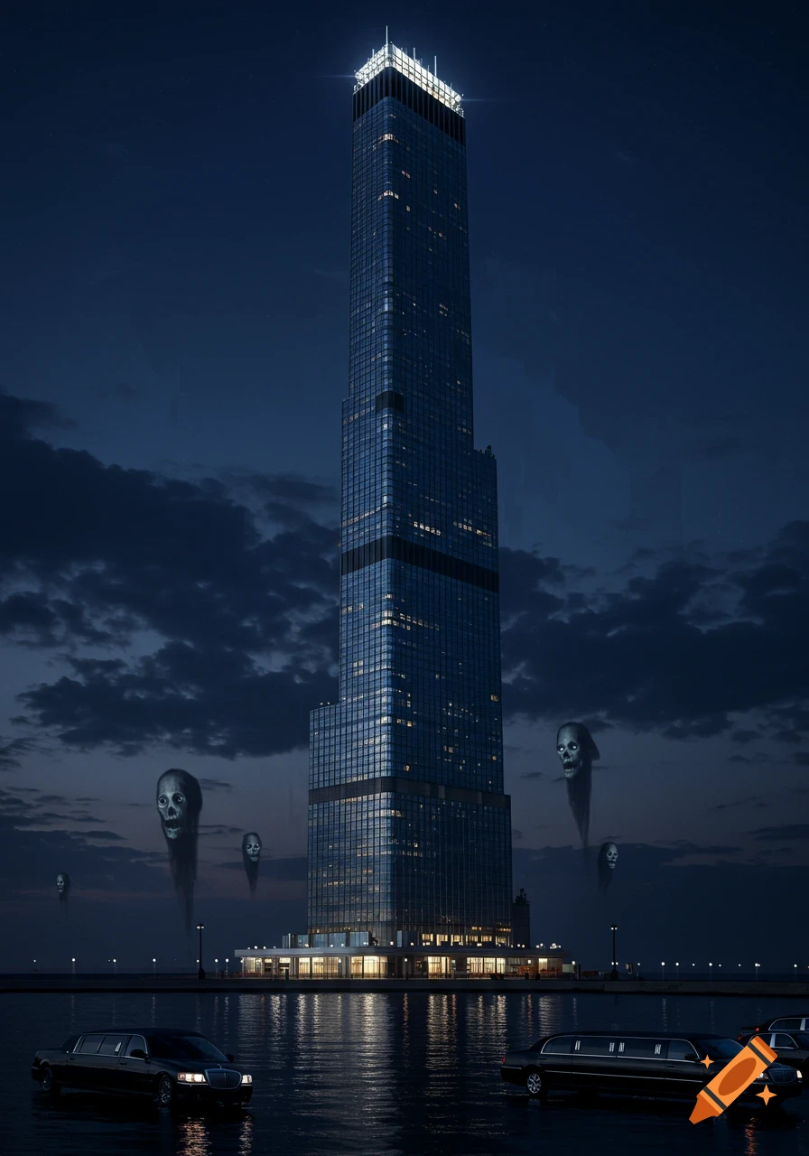 A tall, modern skyscraper at night, reflecting in the dark water of a lake with limousines parked nearby, while eerie, skull-like faces float in the sky.