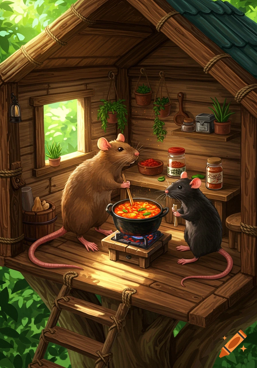 Two anthropomorphic rats cook kimchi stew in a cozy, detailed treehouse, in an illustrative style.