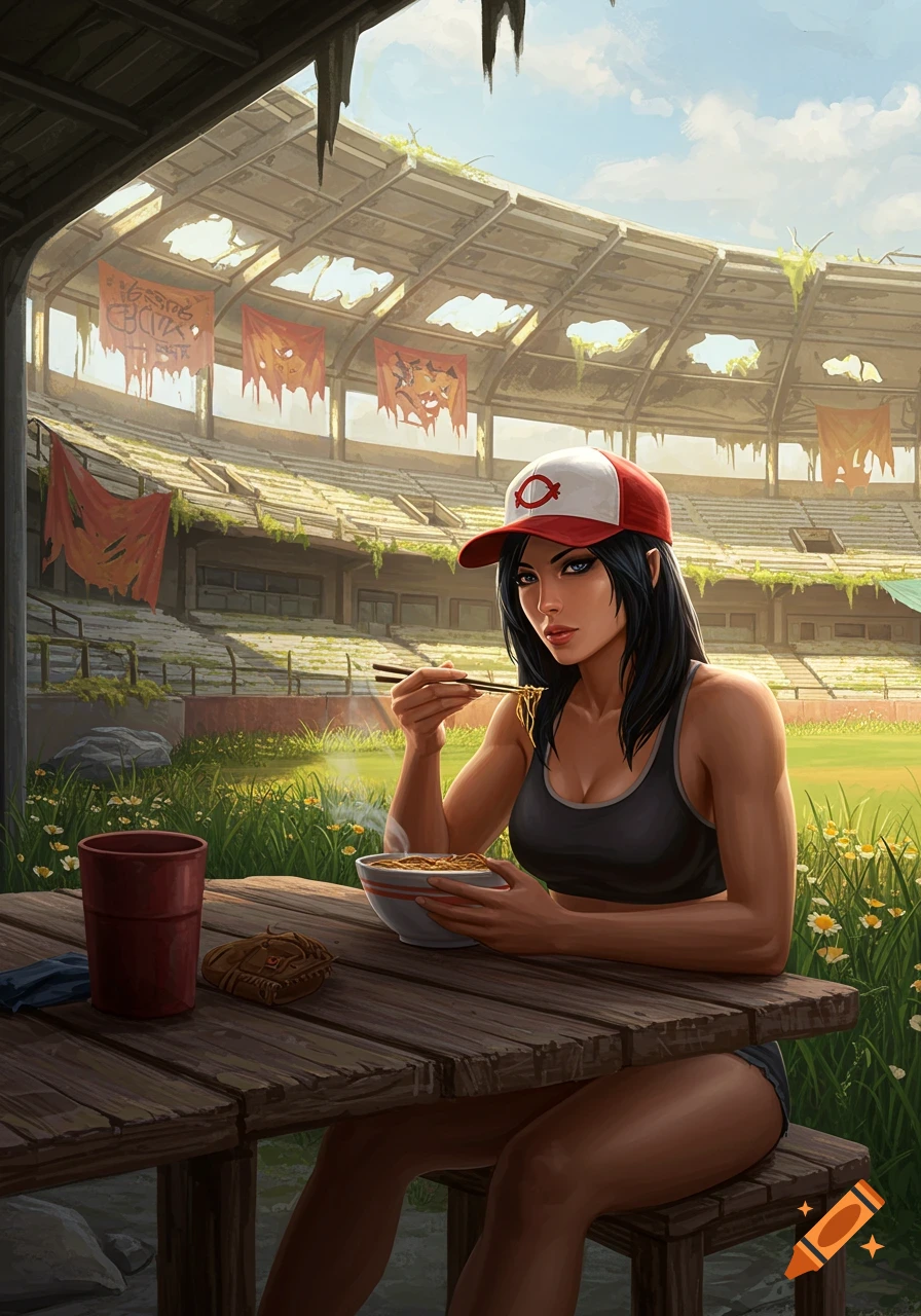 A woman in a sports bra and baseball cap eats noodles at a wooden table inside a ruined baseball stadium with overgrown grass.