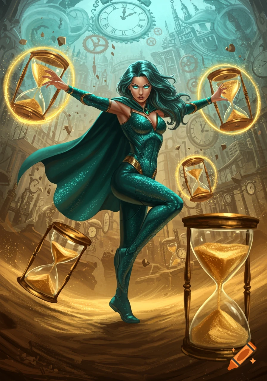 A female superhero with teal hair and a sparkly green suit controls golden hourglasses, surrounded by clocks and gears in a fantastical time-themed setting.