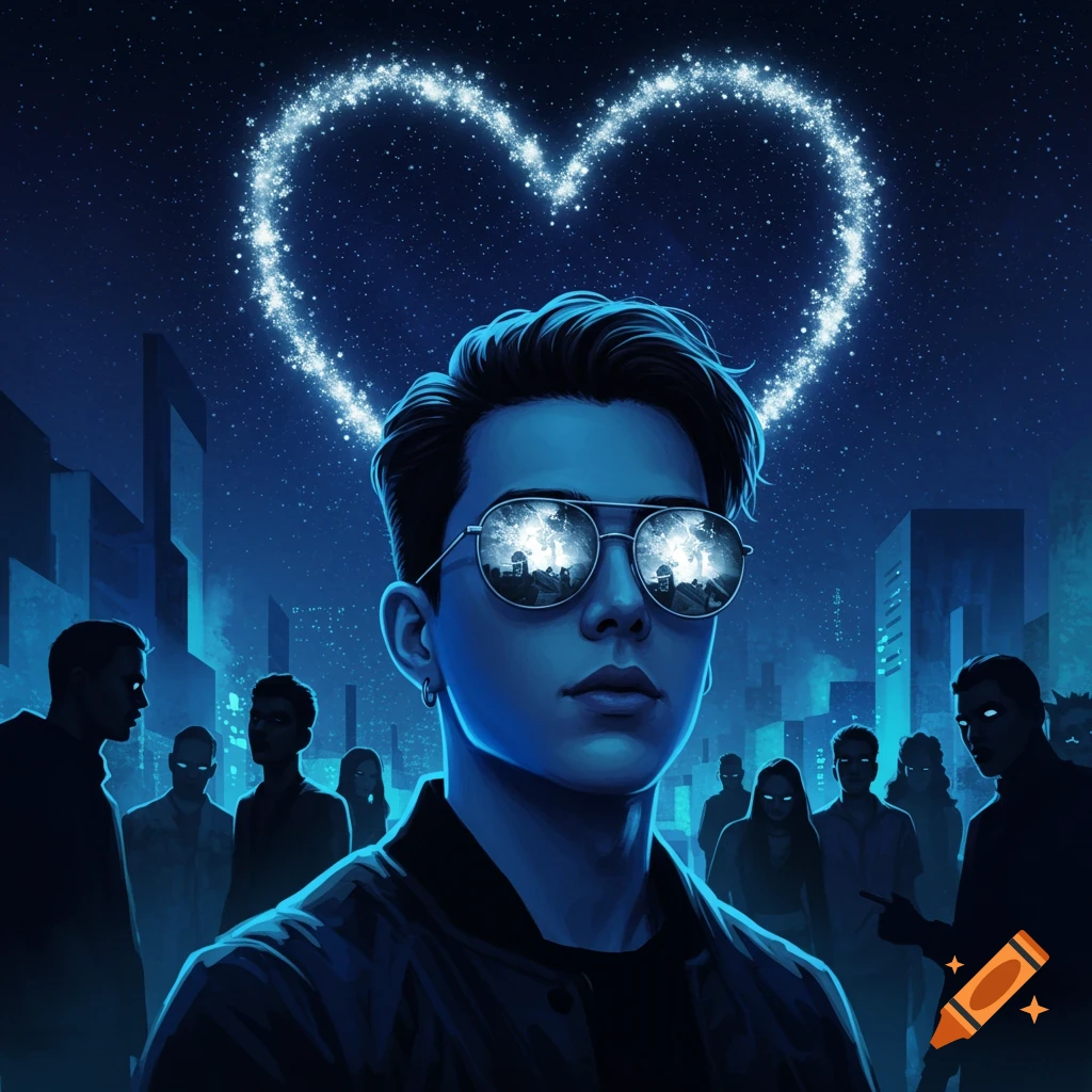 Stylized portrait of a young man in sunglasses, with a glowing star heart in the night sky and shadowy figures in an urban background.