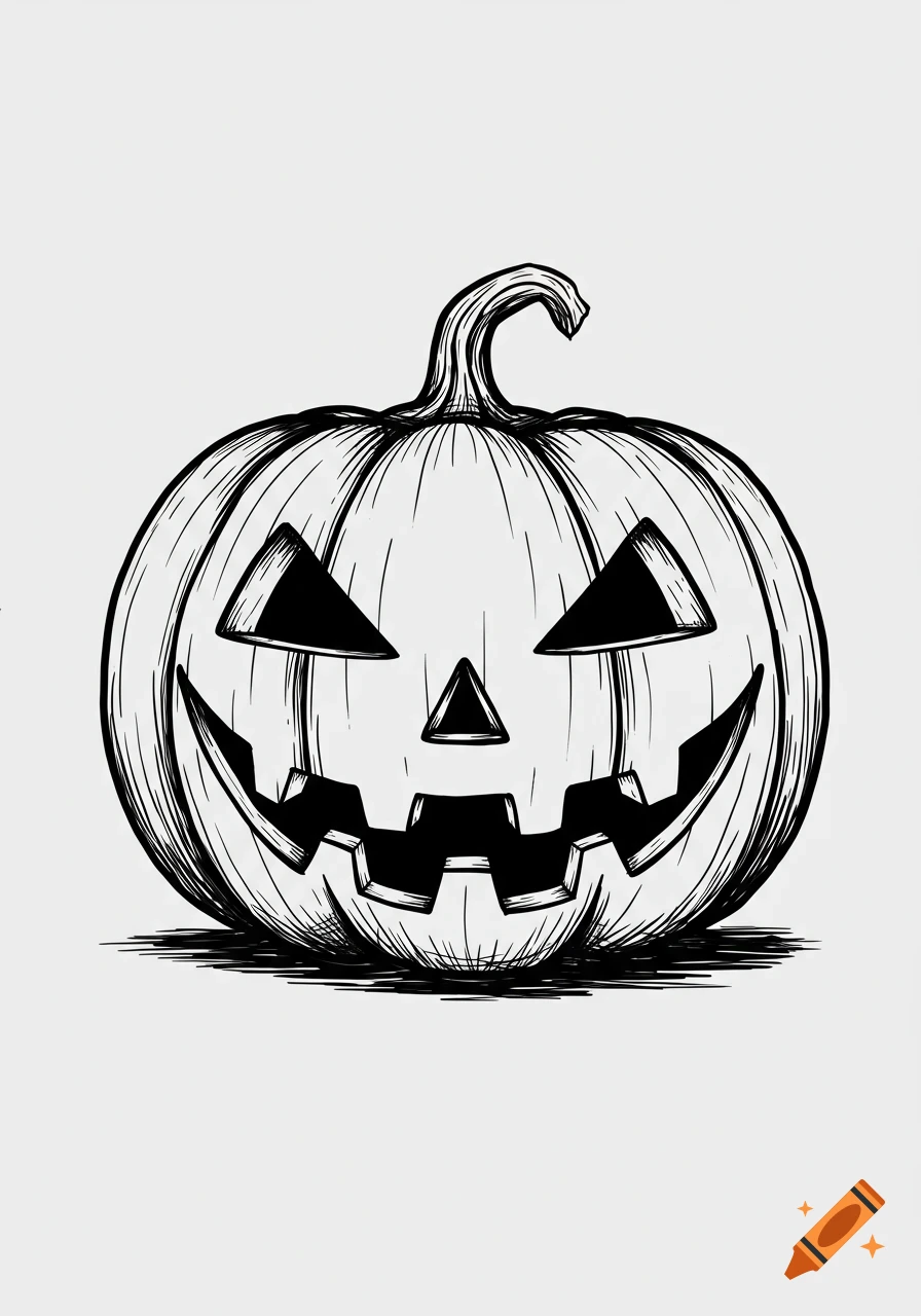 A black and white doodle of a jack-o'-lantern with triangular eyes, a triangular nose, and a jagged smile on a light gray background.