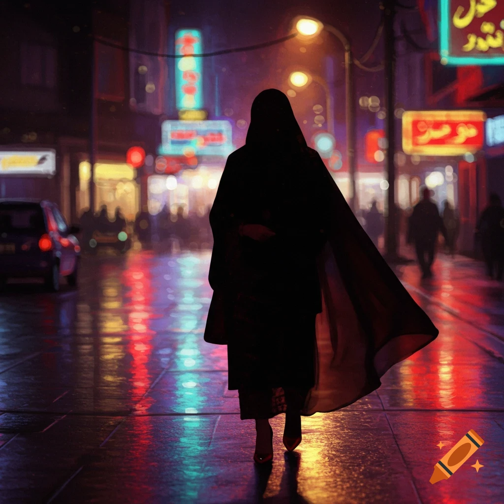 A person in a dark cloak and red high heels walks down a wet, neon-lit city street at night, with blurred figures and cars in the background.