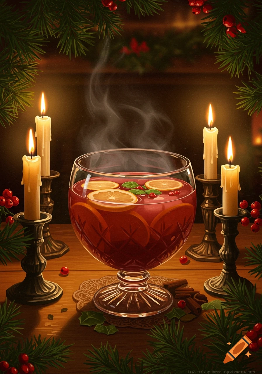 A festive illustration of a steaming glass of punch with orange slices and cranberries, surrounded by lit candles and pine branches with red berries.
