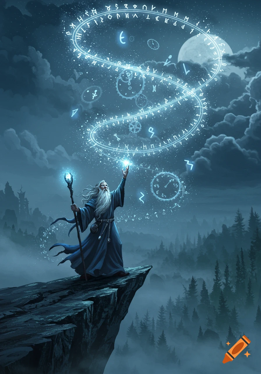 An old wizard with a long white beard stands on a cliff, casting a glowing blue spell with runes and symbols swirling around him at night, under a full moon.