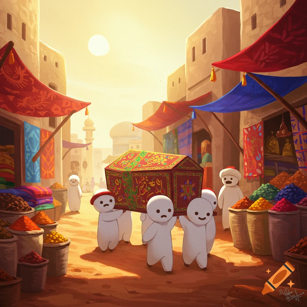 Cartoon figures carry a decorated sarcophagus through a bustling Middle Eastern market under a bright sun.