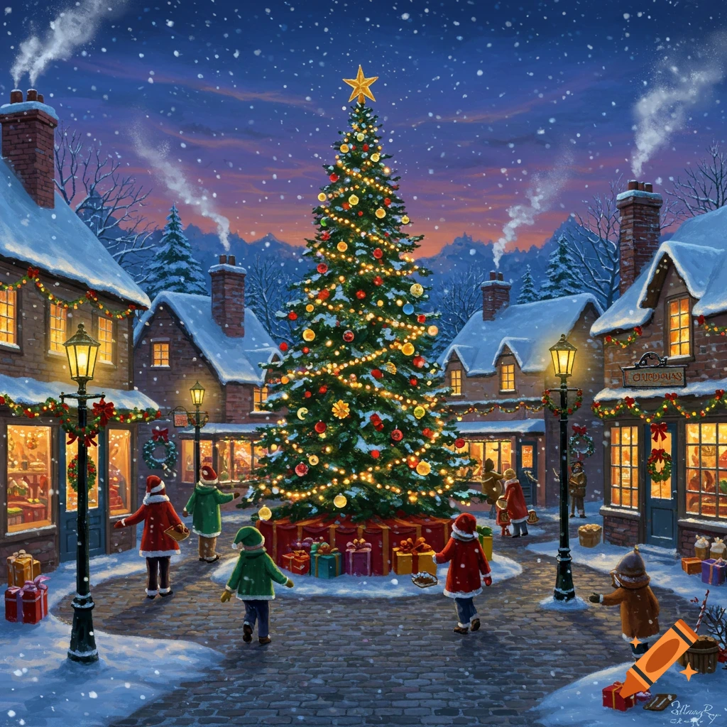 A detailed painting of a snowy Christmas village square at dusk, with children gathering around a brightly lit Christmas tree.