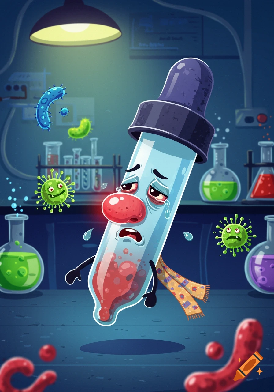 Cartoon pipette with a red nose and scarf, crying and sick with the flu in a lab, surrounded by microbes and beakers.