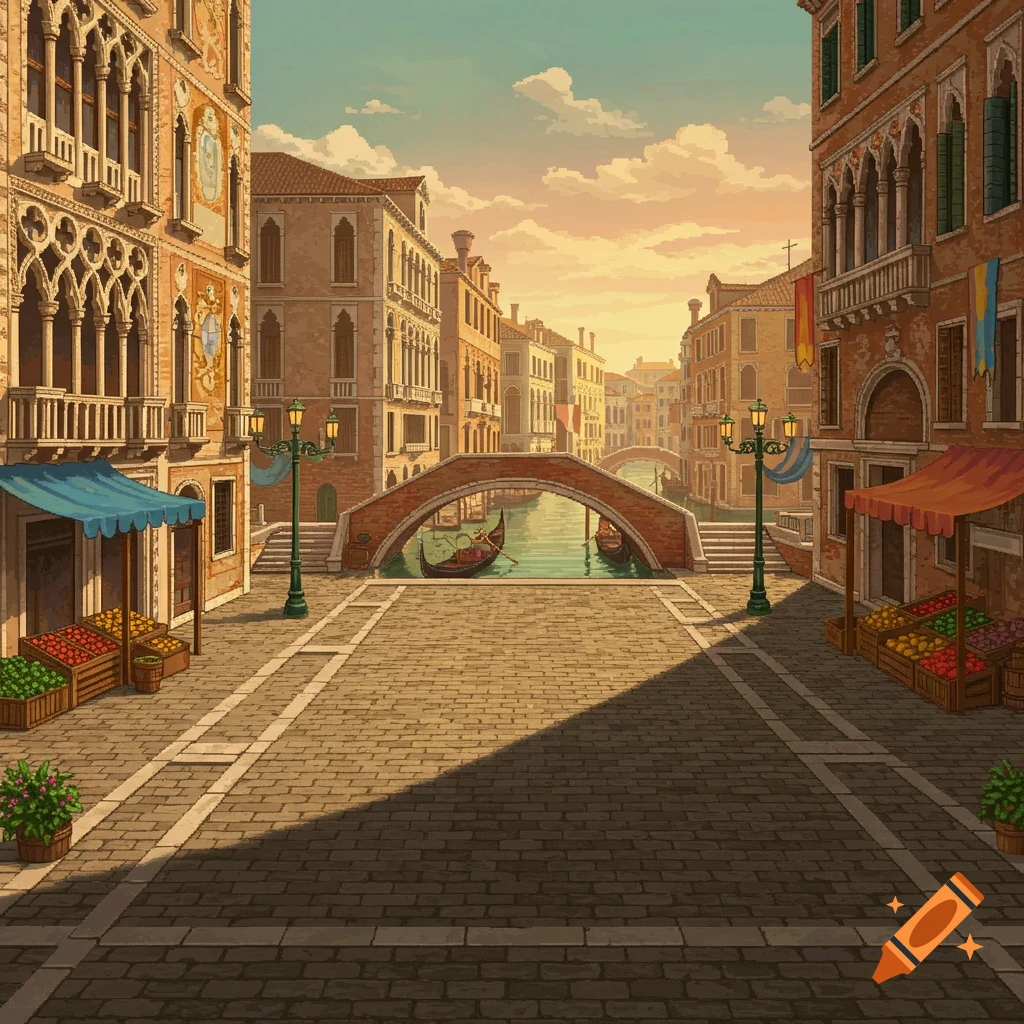 Pixel art cityscape of Renaissance Venice with canals, bridges, gondolas, and market stalls under a golden sky.