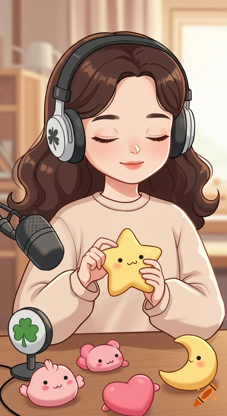 A cute cartoon girl with closed eyes and headphones holds a star squishy. A microphone with a clover symbol and other cute squishies are on the table.