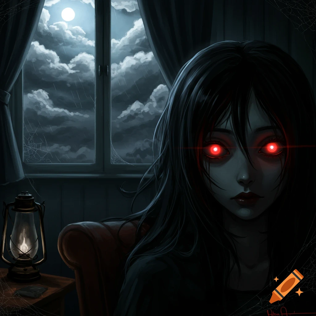 A creepy anime girl with bright red glowing eyes sits in a dark, candlelit room, with a stormy full moon night visible through a window.