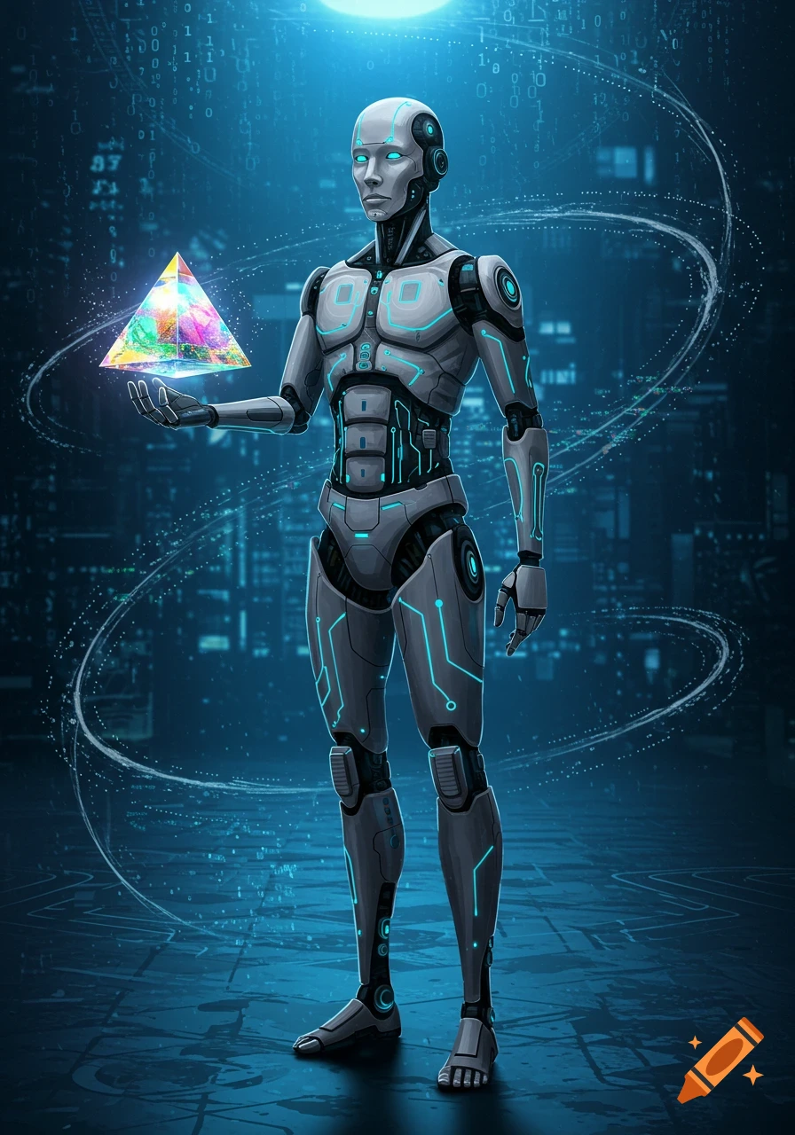 A sleek, grey humanoid robot with glowing blue accents holds a radiant, colorful pyramid crystal against a dark, futuristic digital background.