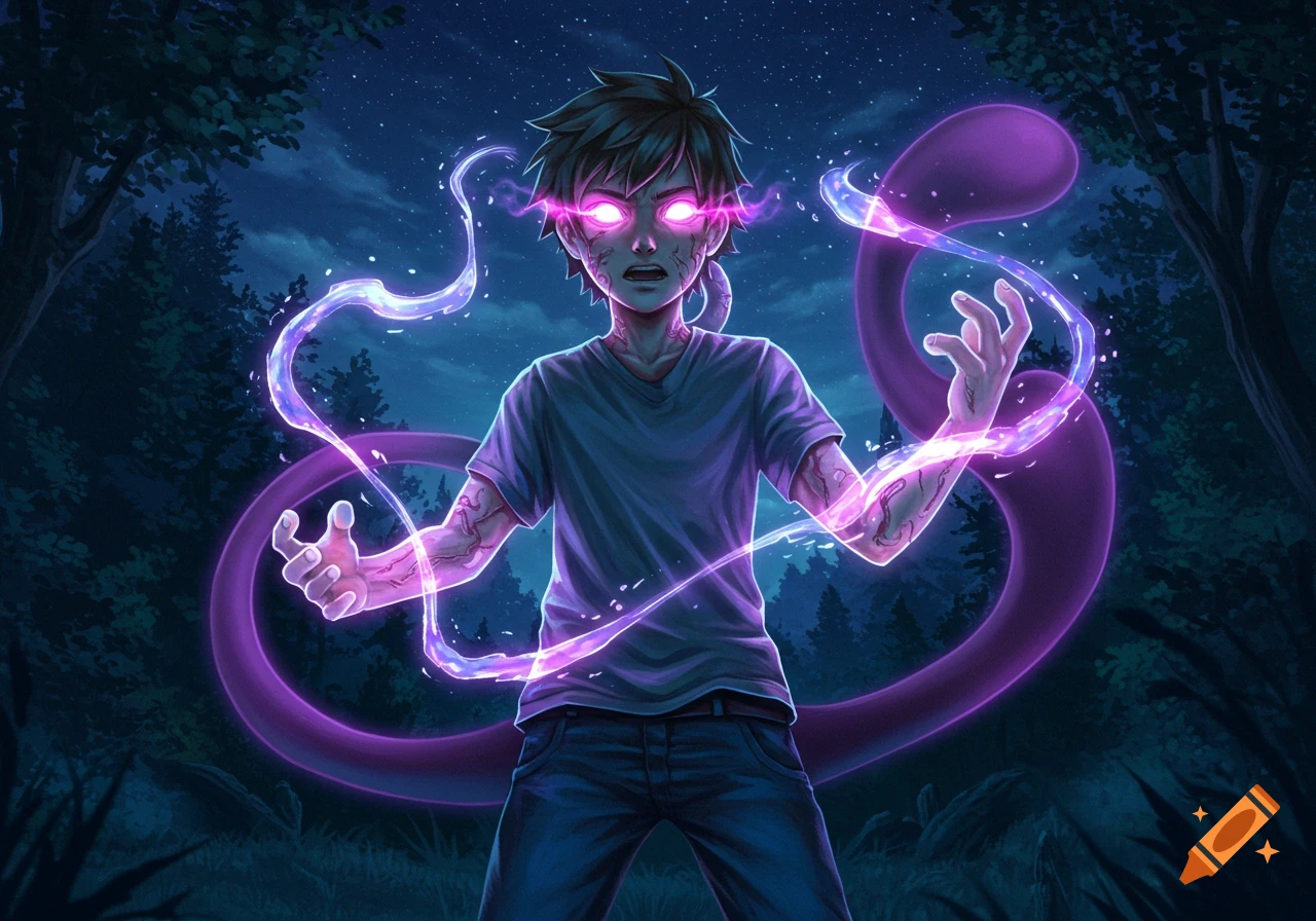 A teenage boy with glowing pink eyes and purple energy emanating from his body, transforming in a dark forest at night, anime style.
