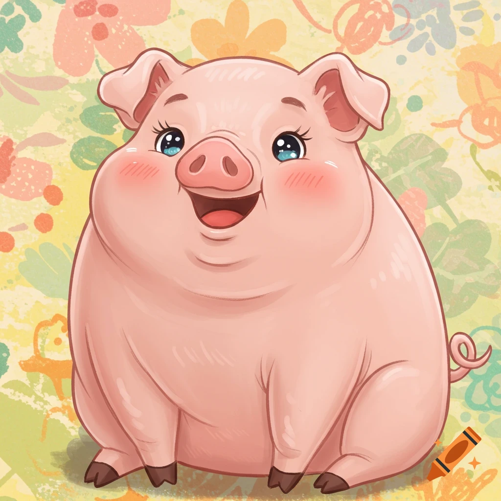 A very cute, happy cartoon pig with rosy cheeks and blue eyes smiles against a cheerful floral background.