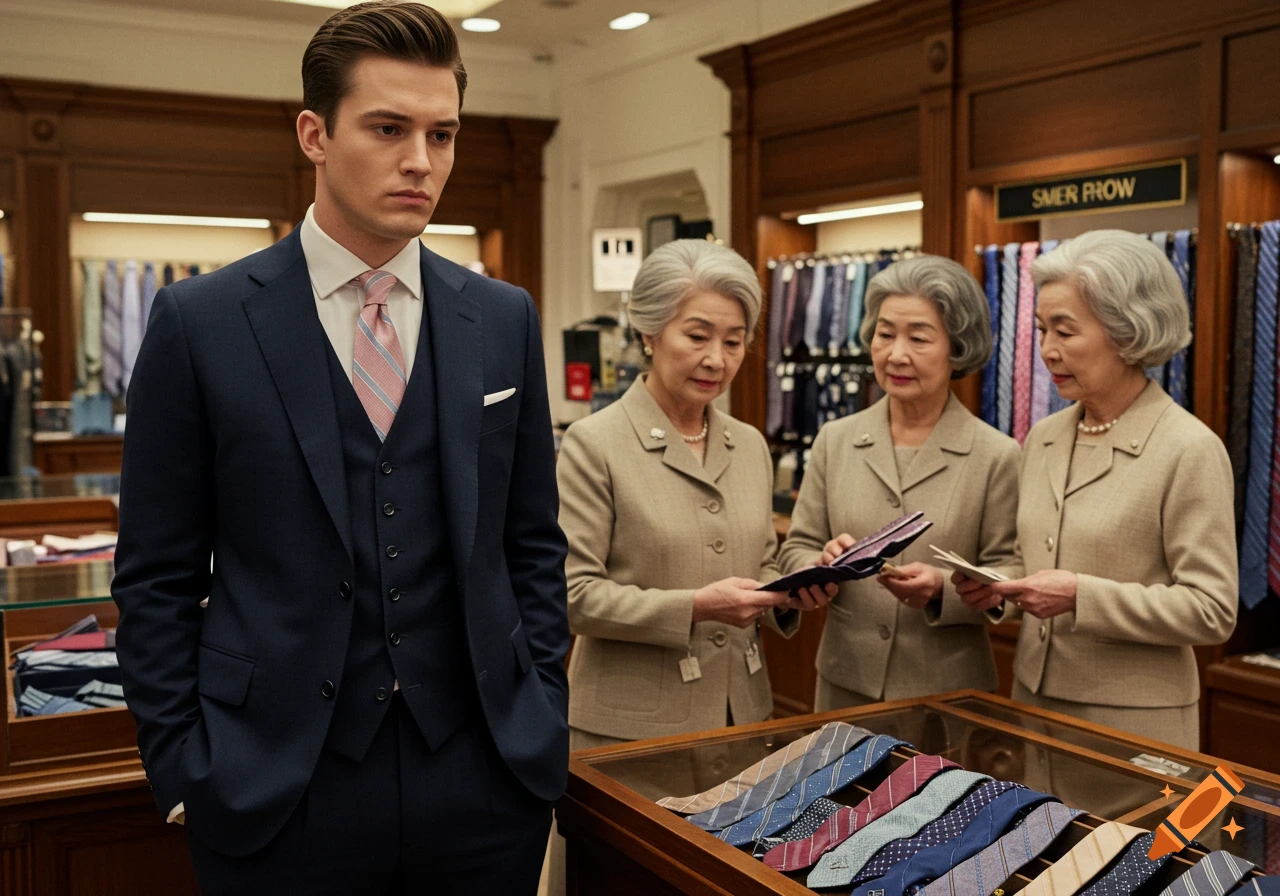 A young man in a blue suit and striped tie looks bored in a department store as three elderly women examine ties.