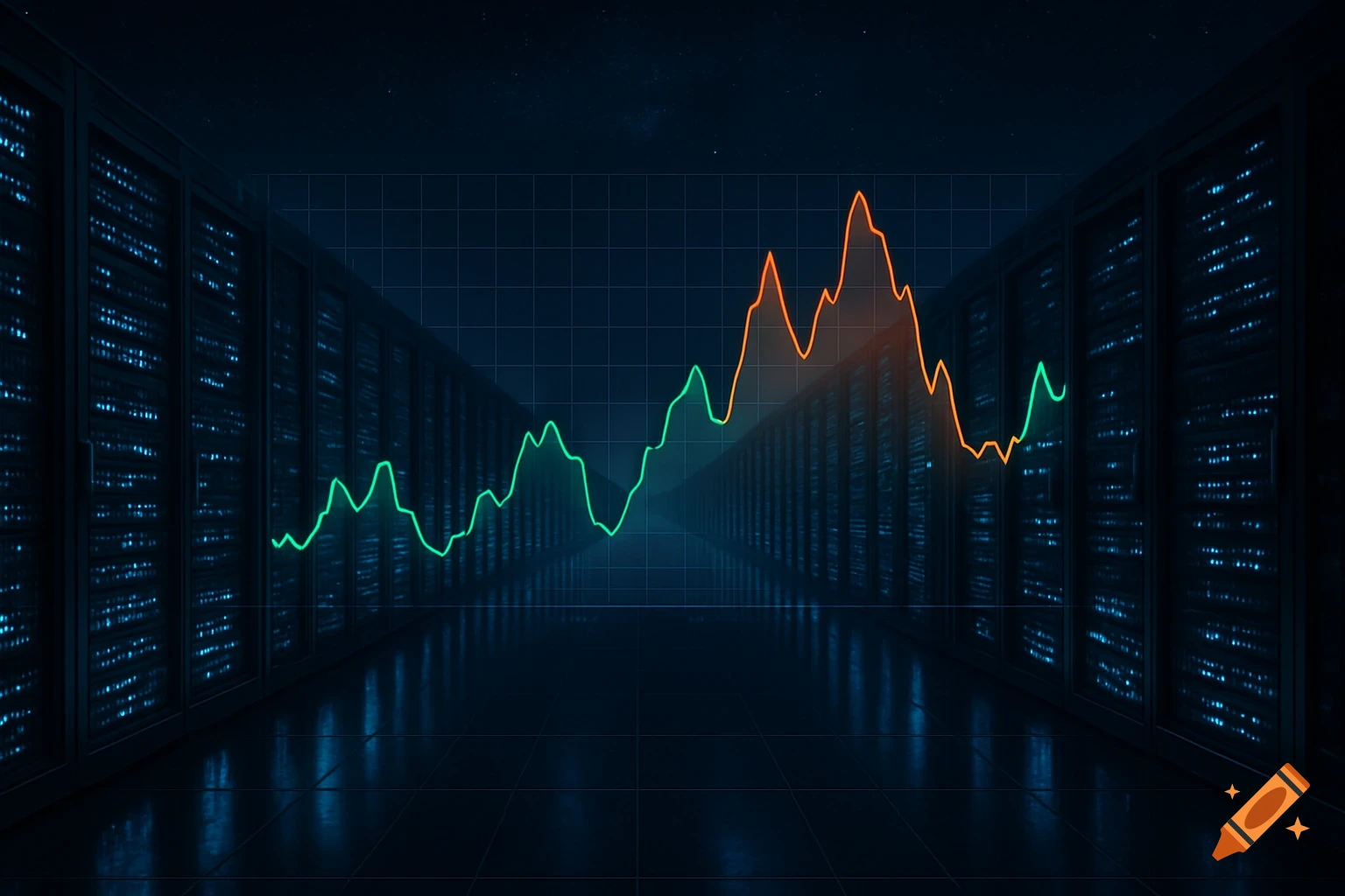 Futuristic data center at night with glowing servers and an overlaid green and orange digital line graph against a grid.