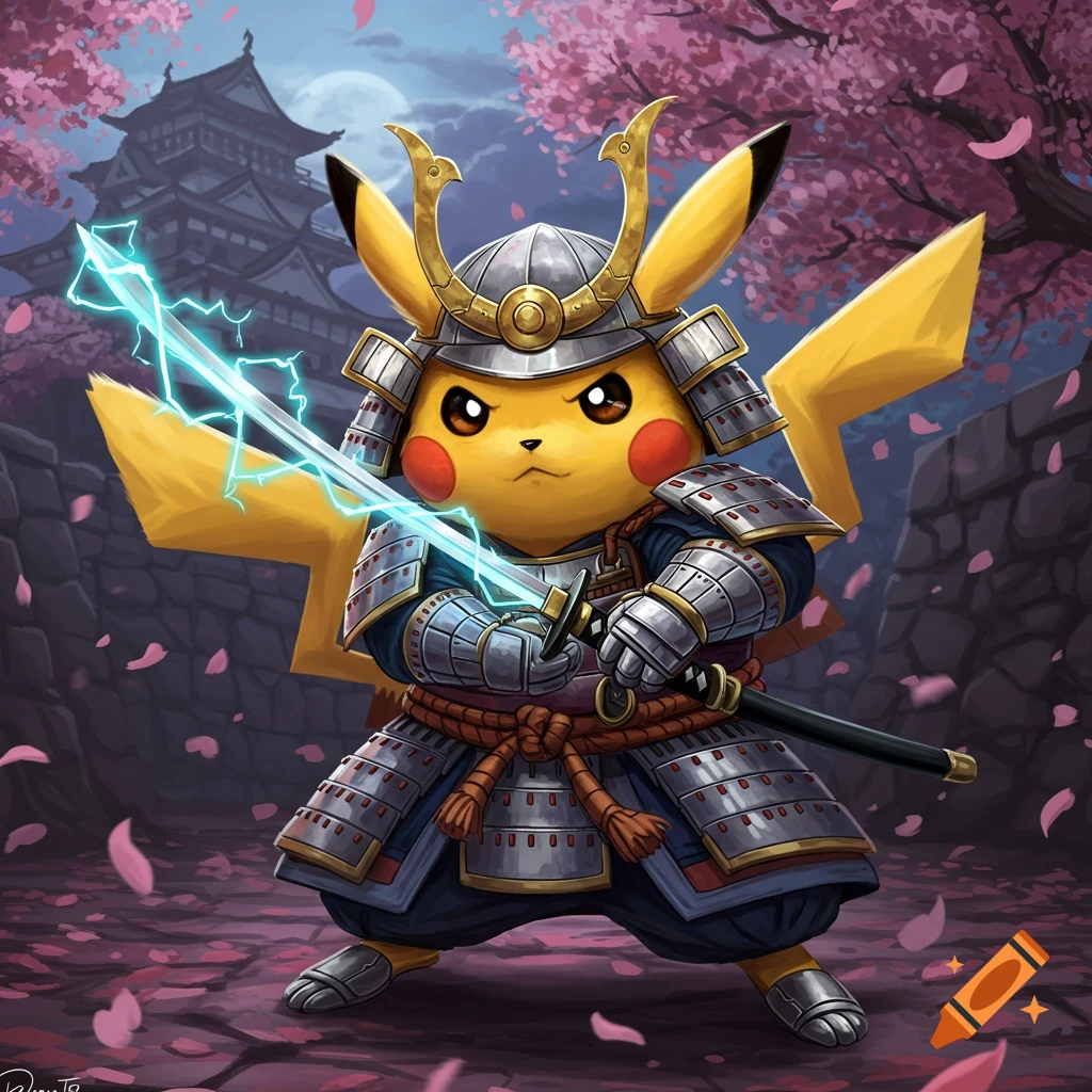 Pikachu in samurai armor holds an electric katana in front of a Japanese castle under cherry blossoms.