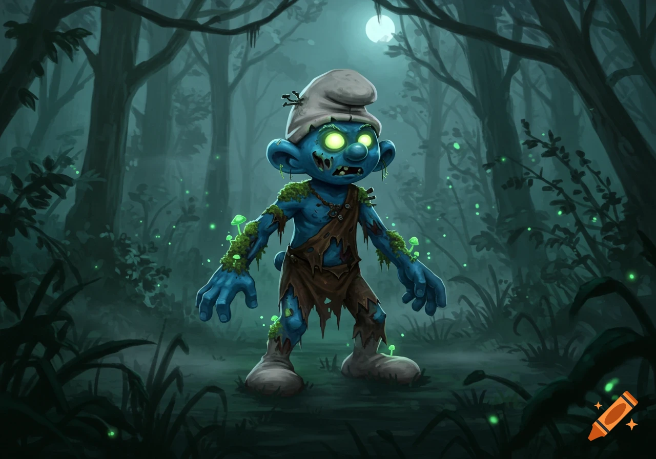 A cartoon zombie Smurf with glowing green eyes, torn clothes, and moss growing on its body, stands in a dark, misty forest under a full moon.