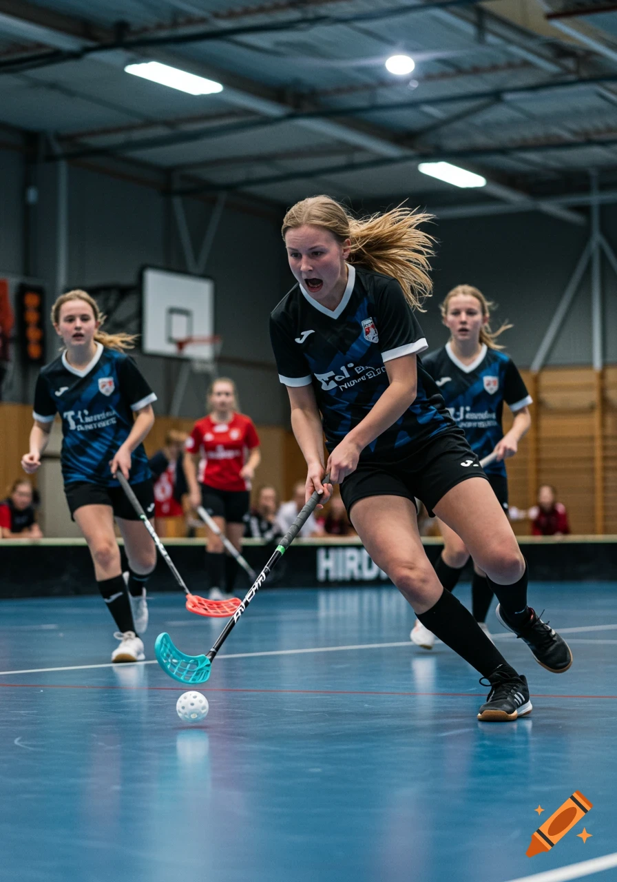 A photorealistic image of girls playing floorball in a brightly lit indoor court. The main player in a black and blue uniform is running with a stick and a white ball.