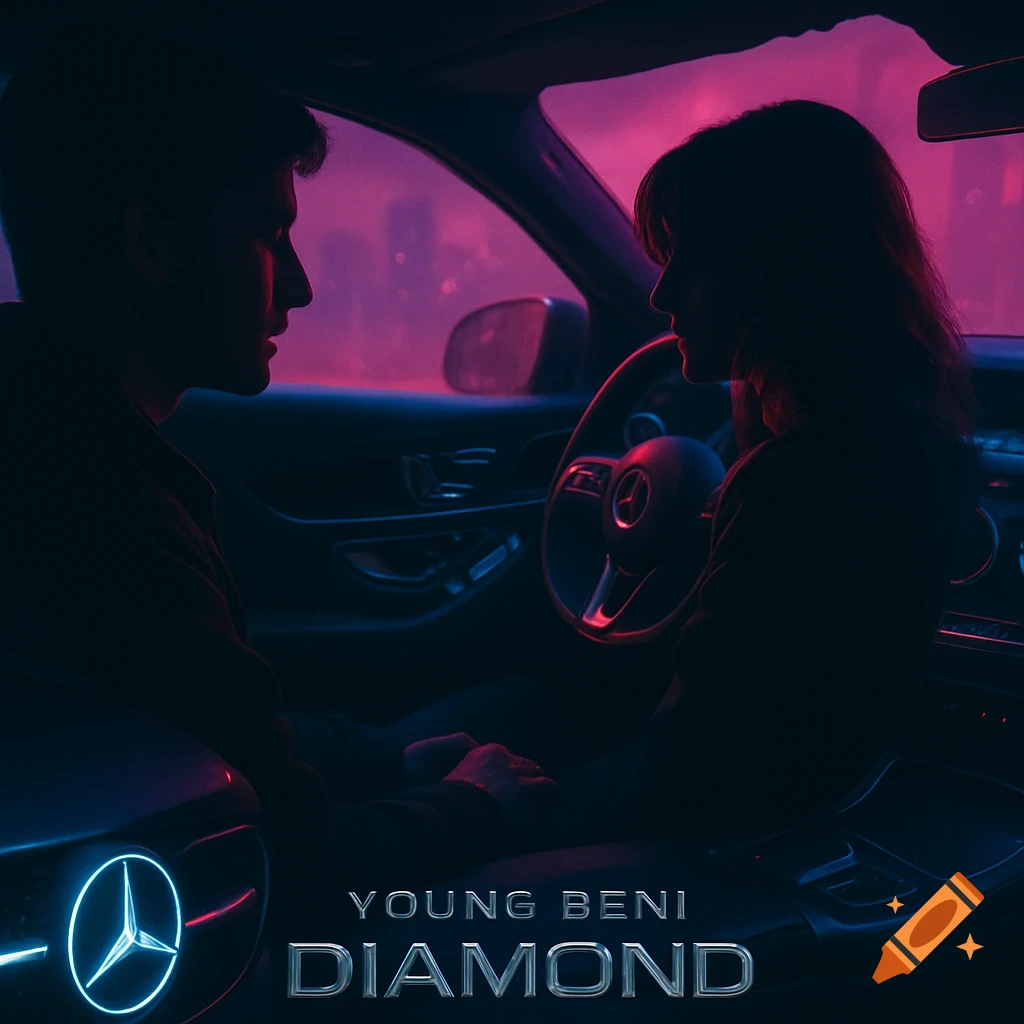 Cinematic shot of a man and woman in a Mercedes car at night, bathed in neon pink light, with text 'YOUNG BENI DIAMOND'.