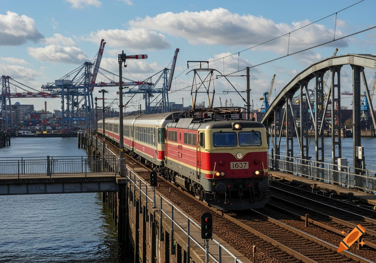 A red and yellow train with number 1637 crosses a bridge over water, with a busy harbor and cranes in the background under a blue sky.