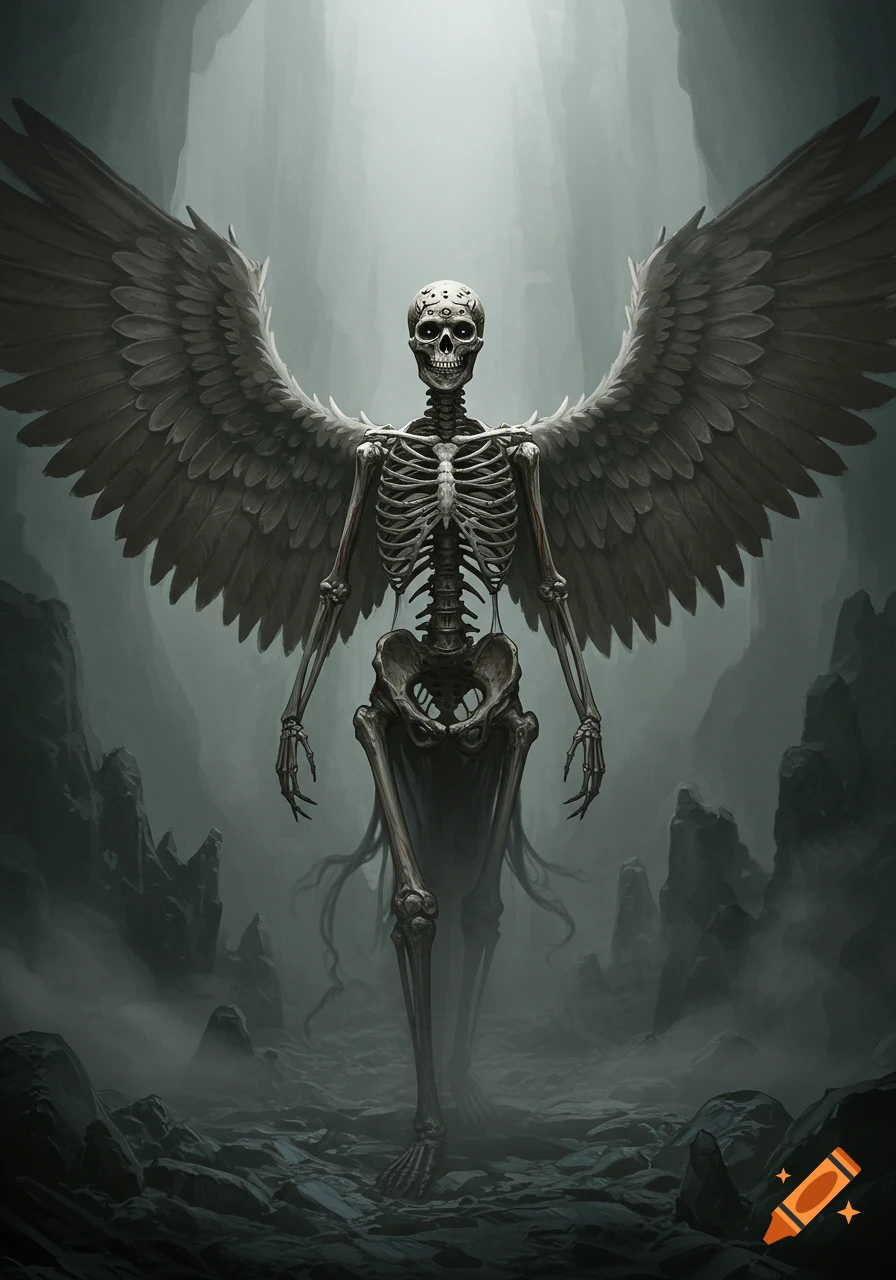 A tall skeletal angel with large wings stands in a misty, rocky, dark environment, its skull intricately detailed.