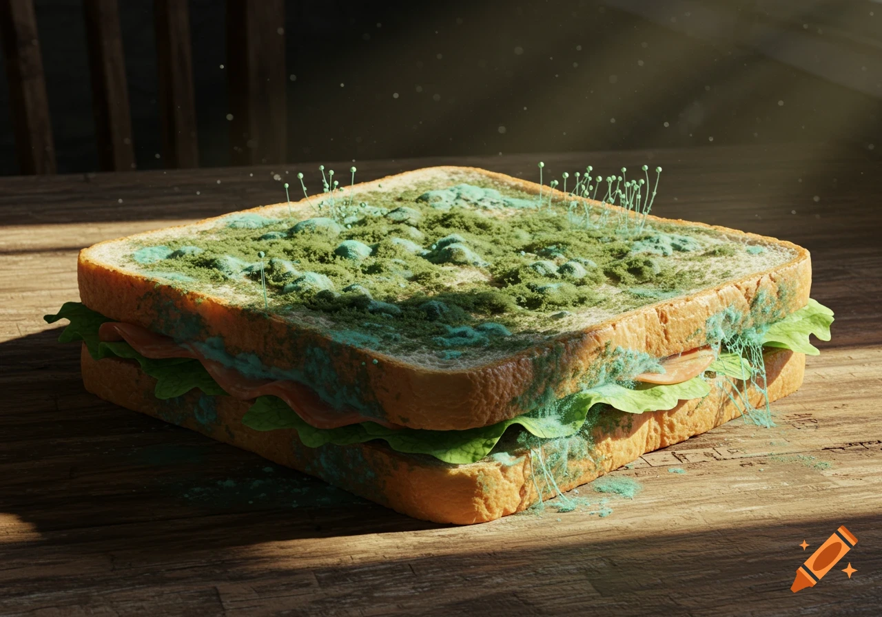 A sandwich covered in vibrant green mold and spores, resting on a wooden table in a photorealistic style.