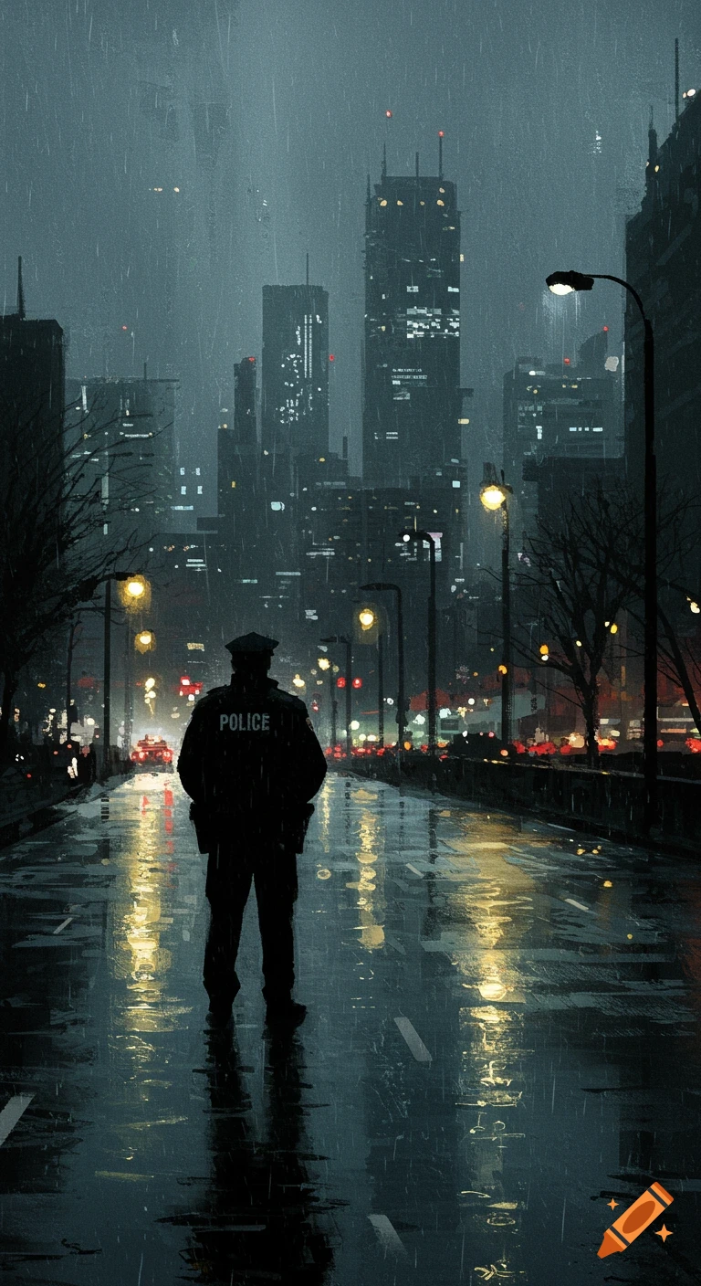 A lone police officer stands on a rainy city street at night, with towering skyscrapers and streetlights reflecting on the wet ground, in an oil paint style.