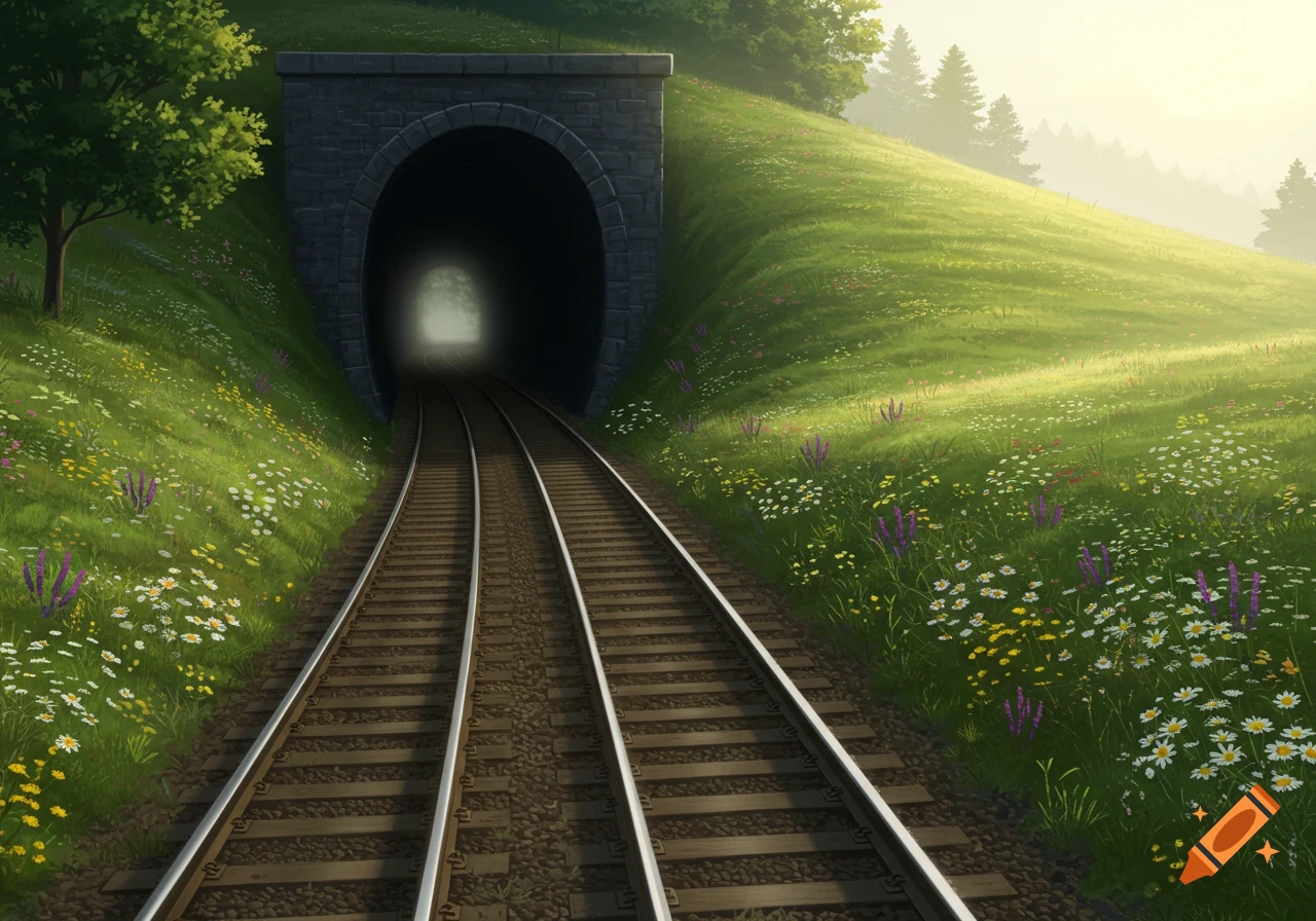 Train tracks lead into a dark tunnel, surrounded by lush green hills covered in wildflowers under a bright sky.